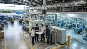 Engineering and production team reviewing plans on a manufacturing floor — in-house technical support alongside cleanroom assembly operations.