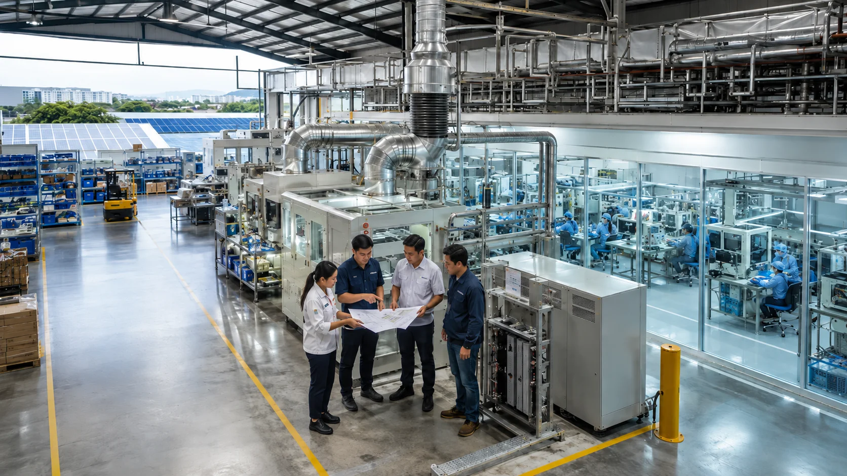 Engineering and production team reviewing plans on a manufacturing floor — in-house technical support alongside cleanroom assembly operations.