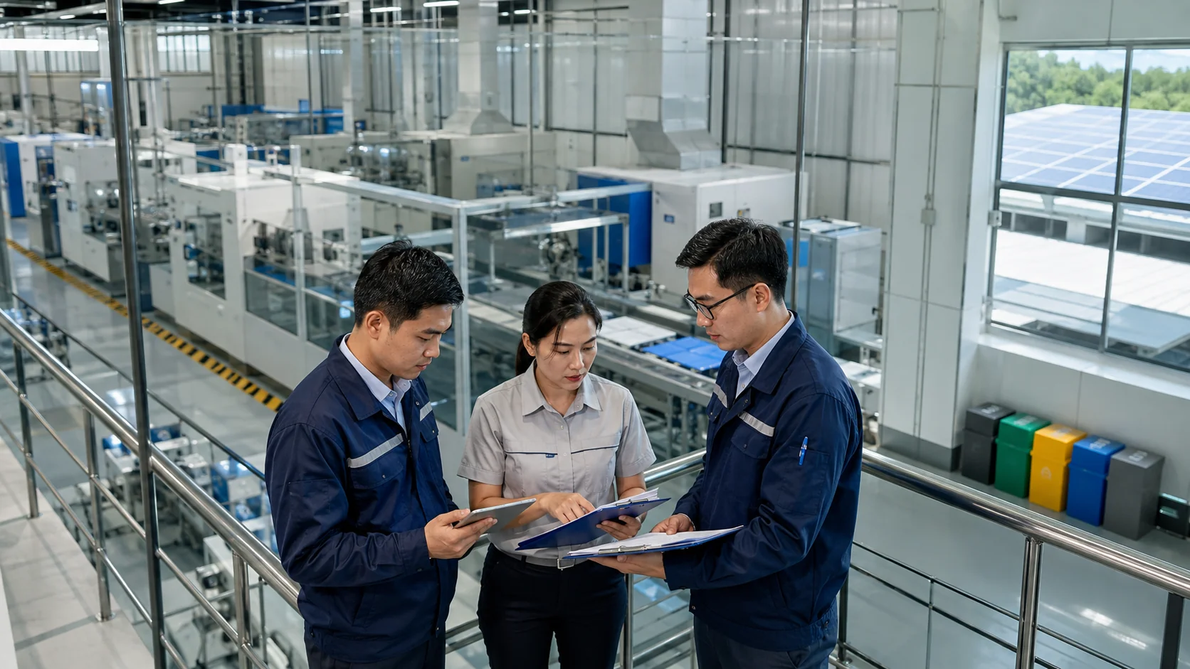 Production supervisors reviewing quality documentation above an automated manufacturing line — daily line review and process control.